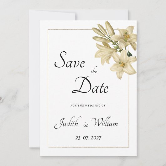Eleganter, weißer Goldblütenlilie Save the Date Einladung (Vorderseite)