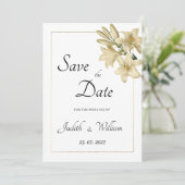 Eleganter, weißer Goldblütenlilie Save the Date Einladung (Stehend Vorderseite)