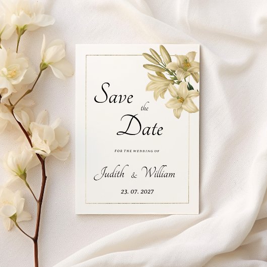 Eleganter, weißer Goldblütenlilie Save the Date Einladung