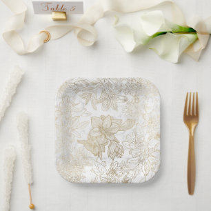 Eleganter, weißer Goldmarmor mit Blumen Pappteller