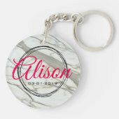 Eleganter weißer Granitkustername und Geburtsdatum Schlüsselanhänger (Rückseite)