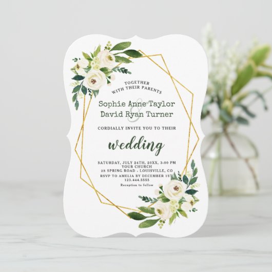 Eleganter weißer, grüner, blühender Goldrahmen Einladung (Stehend Vorderseite)