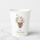 Eleganter weißer Hintergrund Baumwolle & Pinecone Pappbecher (Rückseite)