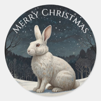 Eleganter weißer Kaninchen-Weihnachts-Schneewald Runder Aufkleber