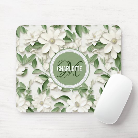 Eleganter, weißer Magnolienname mit Monogramm Mousepad (Mit Mouse)