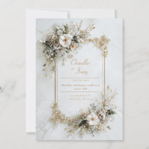 Eleganter weißer Marmor Gold Blumen Geometrische H Einladung