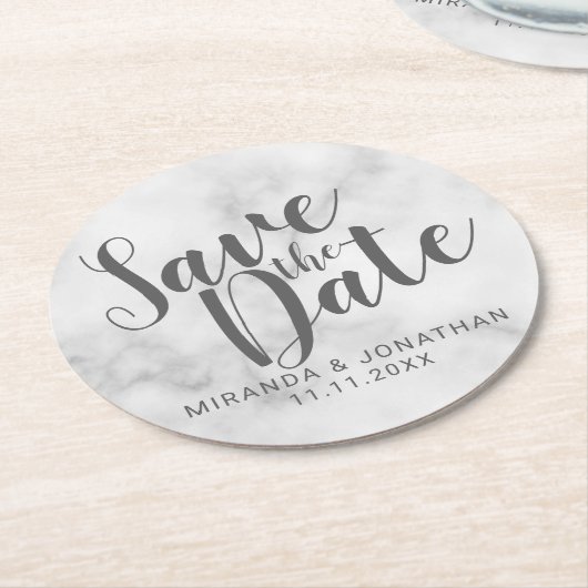 Eleganter weißer Marmor Hochzeit speichern Sie das Runder Pappuntersetzer (Angewinkelt)