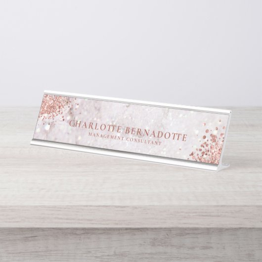 Eleganter Weißer Marmor Sparkle Rose Gold Glitzer Schreibtischnamensplakette (Vorderseite )