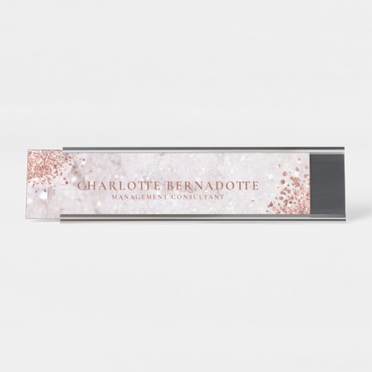 Eleganter Weißer Marmor Sparkle Rose Gold Glitzer Schreibtischnamensplakette (Vorderseite )