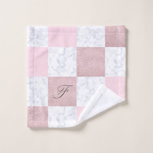 Eleganter weißer Marmor- u. RosengoldGlitter Badhandtuch Set (Waschlappen)