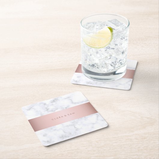 eleganter weißer MarmorRosengoldImitatstreifen Rechteckiger Pappuntersetzer (Vor Ort)