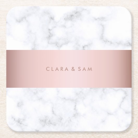 eleganter weißer MarmorRosengoldImitatstreifen Rechteckiger Pappuntersetzer (Vorderseite)