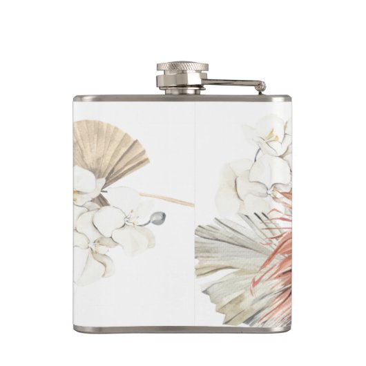 Eleganter weißer Pampasgras-Trauzeuge Flask Flachmann (Rückseite)