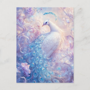 Eleganter weißer Pfau im Lavendelgarten Postkarte
