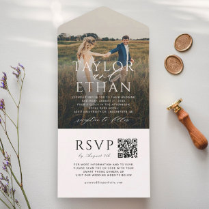 Eleganter Weißer QR-Code Foto-Hochzeit All In One Einladung