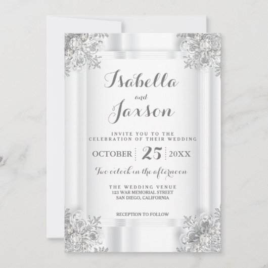 Eleganter weißer Satin und Silberweiß Verziert Einladung (Vorderseite)