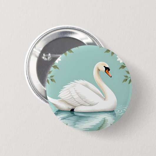Eleganter weißer Schwan floral blau Button (Vorne & Hinten)