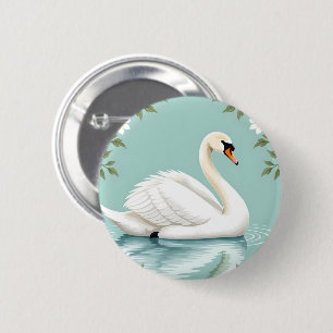 Eleganter weißer Schwan floral blau Button