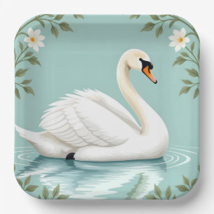 Eleganter weißer Schwan floral blau Pappteller