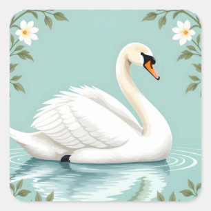 Eleganter weißer Schwan floral blau Quadratischer Aufkleber