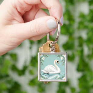 Eleganter weißer Schwan floral blau Schlüsselanhänger