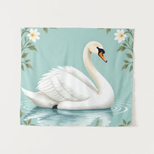 Eleganter weißer Schwan floral blau Wandteppich