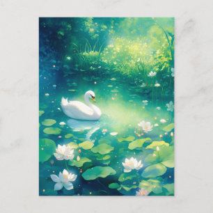 Eleganter Weißer Schwan im leuchtenden Lilienteich Postkarte