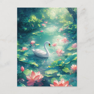 Eleganter weißer Schwan im rosa Lotus-Teich Postkarte