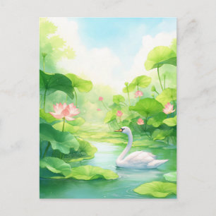 Eleganter weißer Schwan im rosa Lotus-Teich Postkarte
