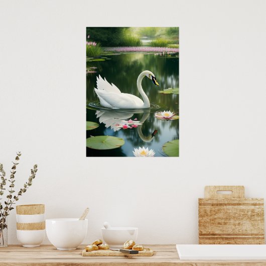 Eleganter weißer Schwan im Wald River Kunstdrucker Poster (Küche)