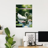 Eleganter weißer Schwan im Wald River Kunstdrucker Poster (Heimbüro)
