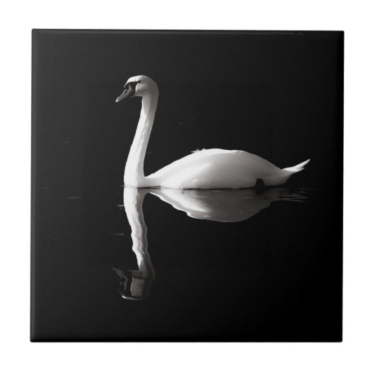 Eleganter weißer Schwan Reflektion am Schwarzen Se Fliese (Vorderseite)