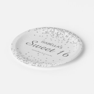Eleganter Weißer Silber Glitter Sweet 16 Name Pappteller