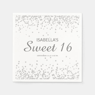 Eleganter Weißer Silber Glitter Sweet 16 Name Serviette