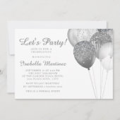 Eleganter Weißer Silber Glitzer Balloons Sweet 16 Einladung (Vorderseite)