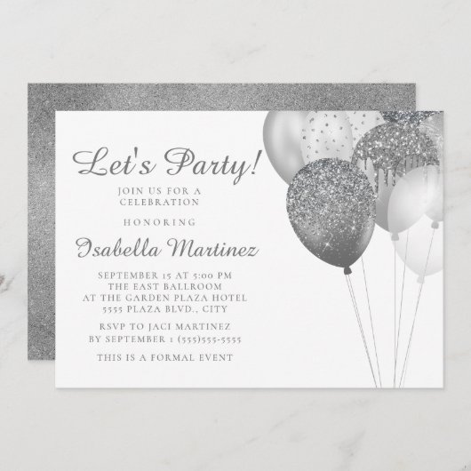 Eleganter Weißer Silber Glitzer Balloons Sweet 16 Einladung (Vorne/Hinten)