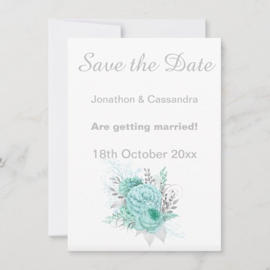 ELEGANTER WEISSER SILVER AQUA FLORAL SAVE THE DATE (Vorderseite)