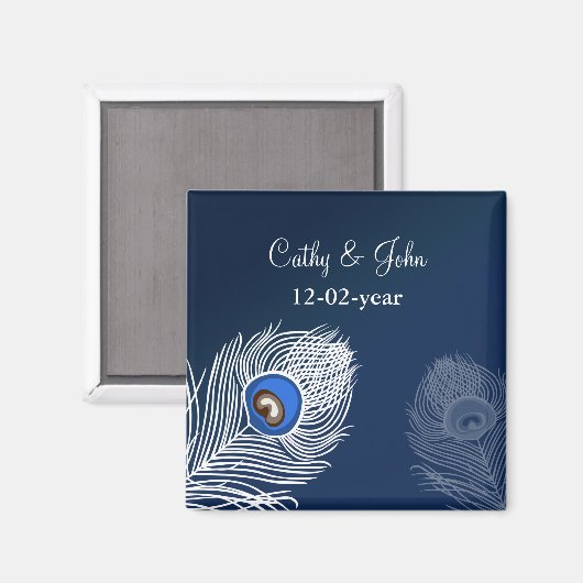 Eleganter weißer und blauer Pfau Save the Date Magnet (Vorderseite/Rückseite)