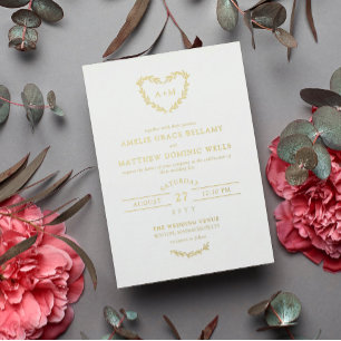 Eleganter weißer und goldener Herz-Kranz Hochzeit Folieneinladung