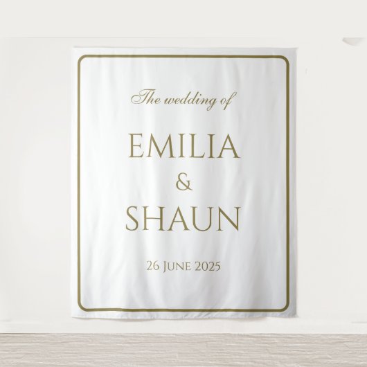 Eleganter weißer und goldener Hochzeitstag Wandteppich (Vorderseite)