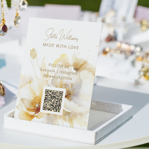 Eleganter Weißgold-Blumen-QR-Code Sockelschild