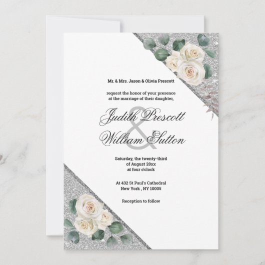 Eleganter, weißgrüner Glitzer Einladung (Vorderseite)