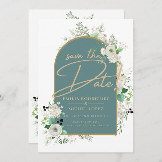 Eleganter Weißrosen-Meerglasbogen Rett Datum Einladung (Vorne/Hinten)