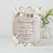 Eleganter Weißrosen Western Rustikale Quinceanera Einladung (Stehend Vorderseite)