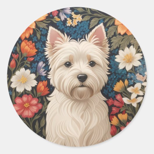 Eleganter West Highland Terrier Farbige Blumenmust Runder Aufkleber (Vorderseite)