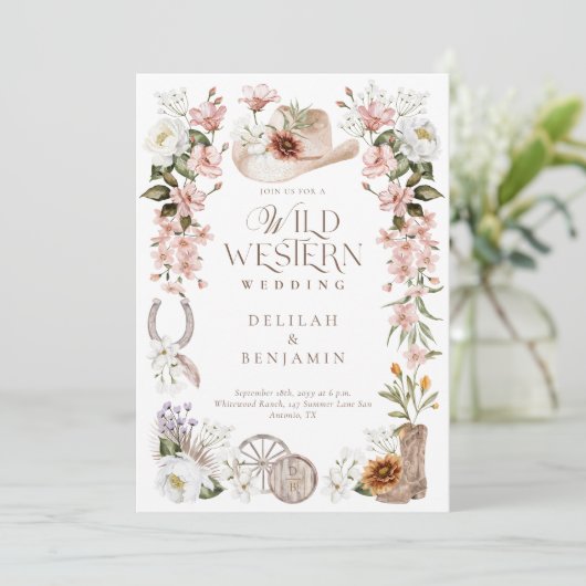 Eleganter Western Watercolor Blumencowboy Hochzeit Einladung (Stehend Vorderseite)