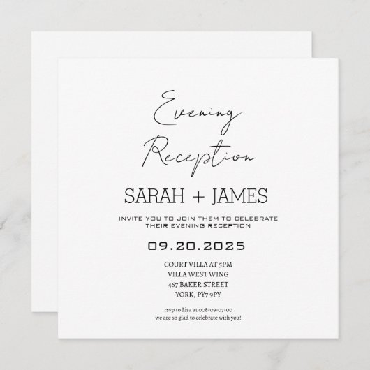 Eleganter White Abend Empfang Wedding Square Einladung (Vorne/Hinten)