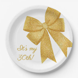 Eleganter White and Gold Glitzer Bow Birthday Pappteller