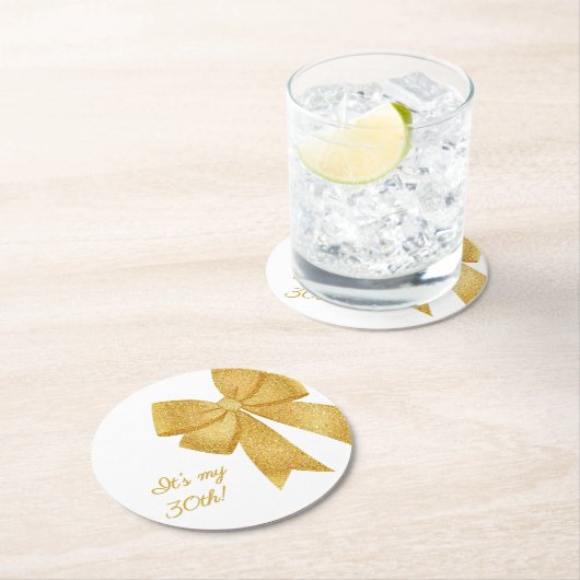 Eleganter White and Gold Glitzer Bow Birthday Runder Pappuntersetzer (Vor Ort)