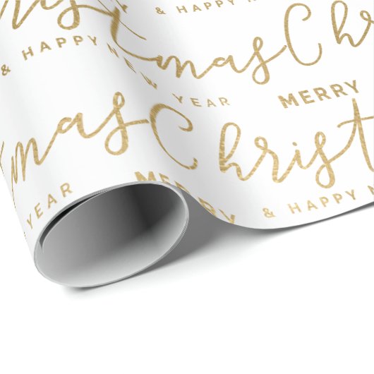 Eleganter White and Gold Script Frohe Weihnachtssc Geschenkpapier (Rolleneckpunkt)
